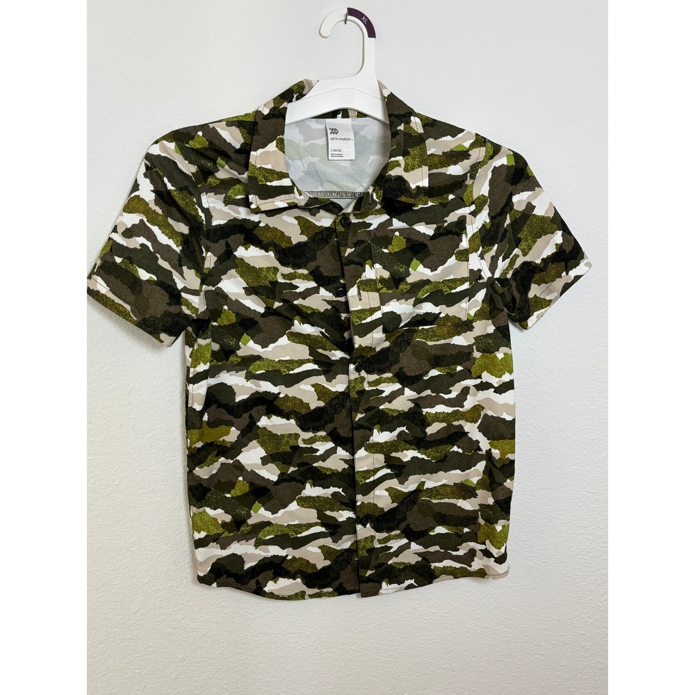 All In Motion Boys Camo Short Sleeve Button Down Shirt Green Brown Size L 10/12